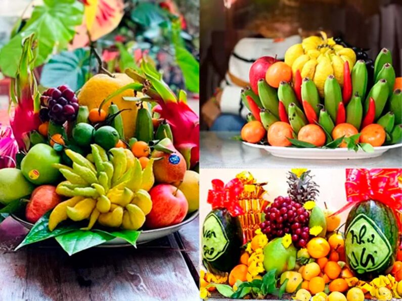 Mâm ngũ quả đặc trưng trên bàn thờ Thần Tài ở miền Bắc